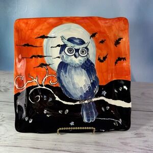 Maxcera Owl Silhouette Square Platter 11.5" Orange Blue Halloween Serving Tray